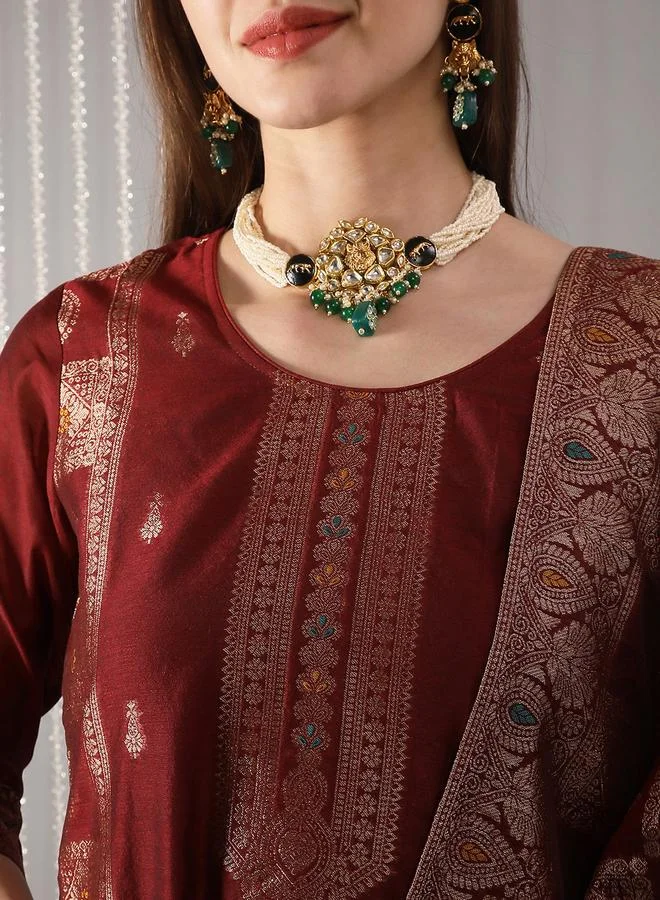 Globus  Women Maroon Ethnic Print Embroidered Straight Kurta with Pant and Dupatta Set for Women | Best Price UAE
